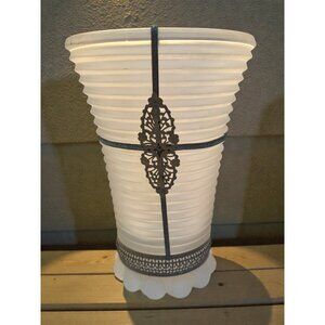 Vintage Art Deco Design Frosted Glass Vase With Ornate Metal Filigree Accent 8"